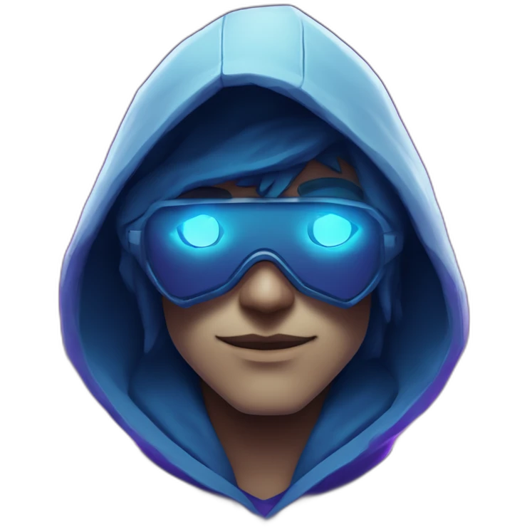 developer with the style of Riot Games Valorant neon blue eyes glowing bright blue Video game character blue purple hooded assassin themed character shrouded wraith emoji