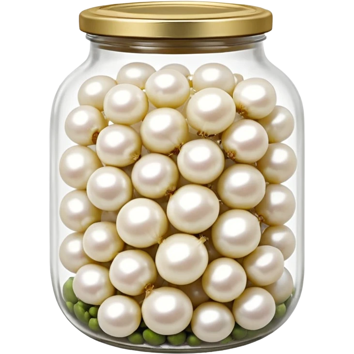 clear glass jar filled with small white pearl onions submerged in clear brine, rounded jar with metal lid, tightly packed contents visible through transparent sides, onions smooth glossy slightly translucent, no label no fork no garnish, closed jar, soft lighting, subtle shadows, emoji scale emoji