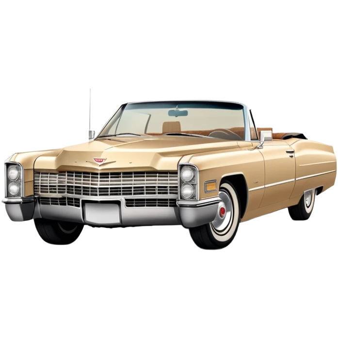 Iconic beige 1966 Cadillac DeVille with distinct front grille and headlights, precise three-quarter view at 30 degrees, authentic vintage luxury proportions, as seen in Once Upon a Hollywood, iOS emoji style emoji