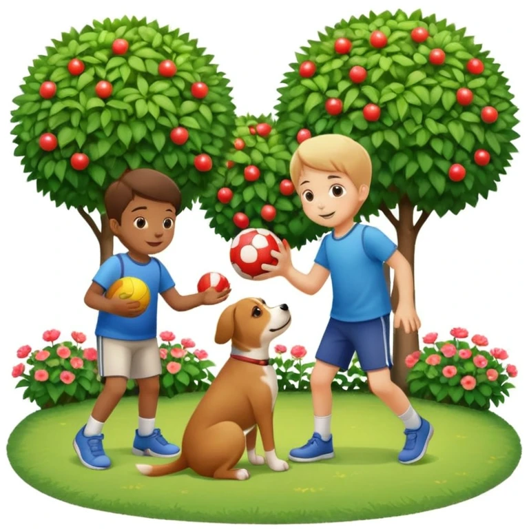 kid and dog playing with ball, garden background emoji