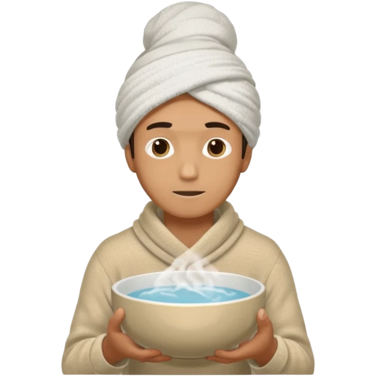чоловік що дихає парою над мискою в теплій кофті і з полотенцем на голові висить з лівої сторони на праву, двома руками тримаючи миску emoji