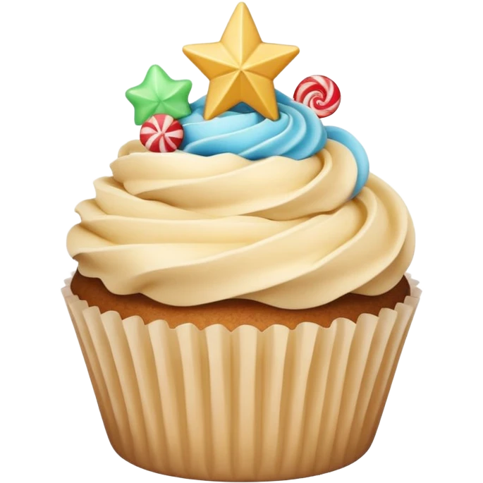 cupcake with beige frosting and a star-shaped candy emoji