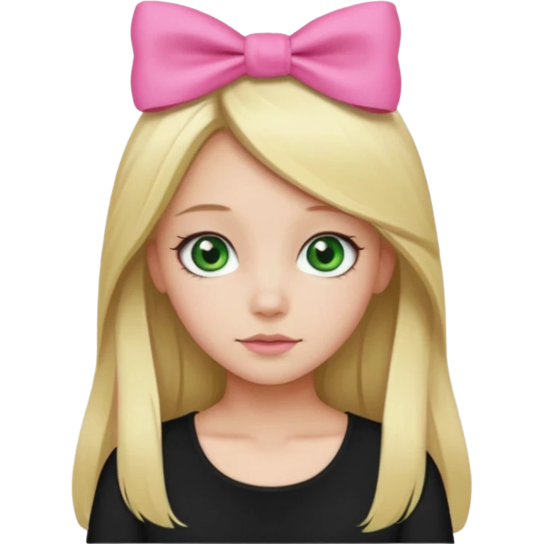 blonde girl middle part long hair , pink bow in hair, plain black top, green eyes. emoji