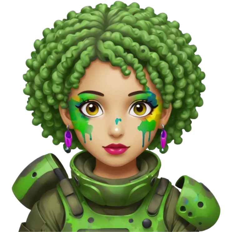 green curly haired painitball player with big earrings guy shot with colors emoji