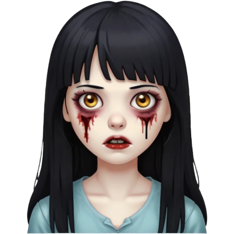 faça o emoji de uma menina zumbi de cabelos longos pretos com franja emoji