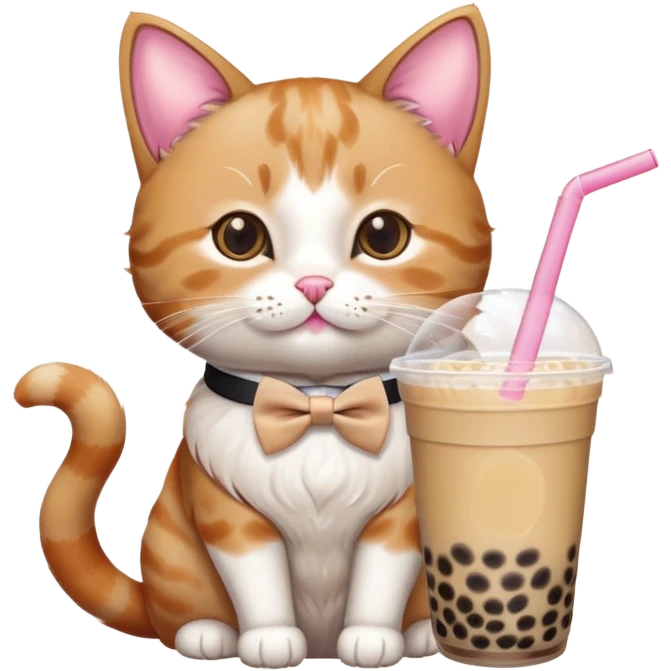 A cat with a bow tie on one ear with bubble tea emoji