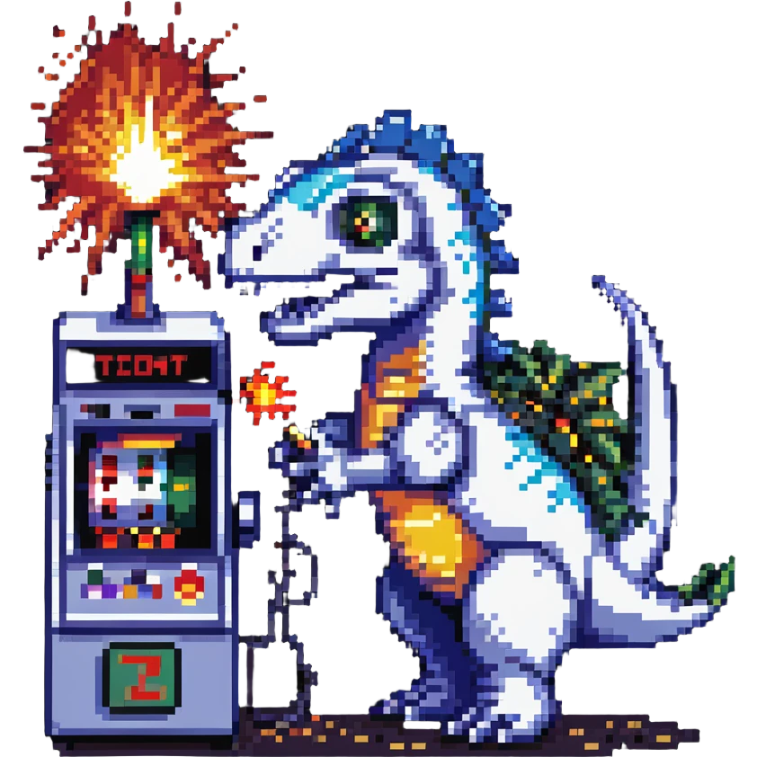 robot dinosaur shooting lasers from its eyes while playing a slot machine, with a big explosion in the background, pixel art style emoji