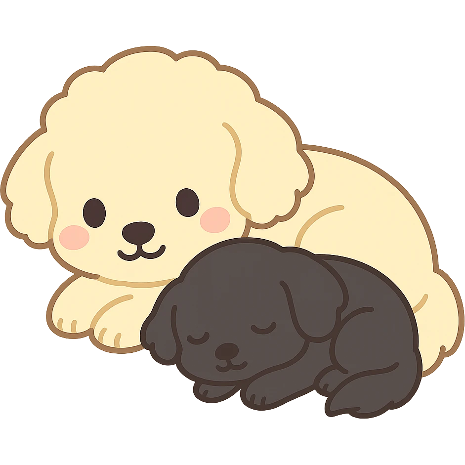 large light cream colored goldendoodle and small black golden retriever, chibi style, sleeping curled up together emoji