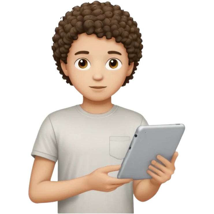 boy with short curly hair with tablet emoji