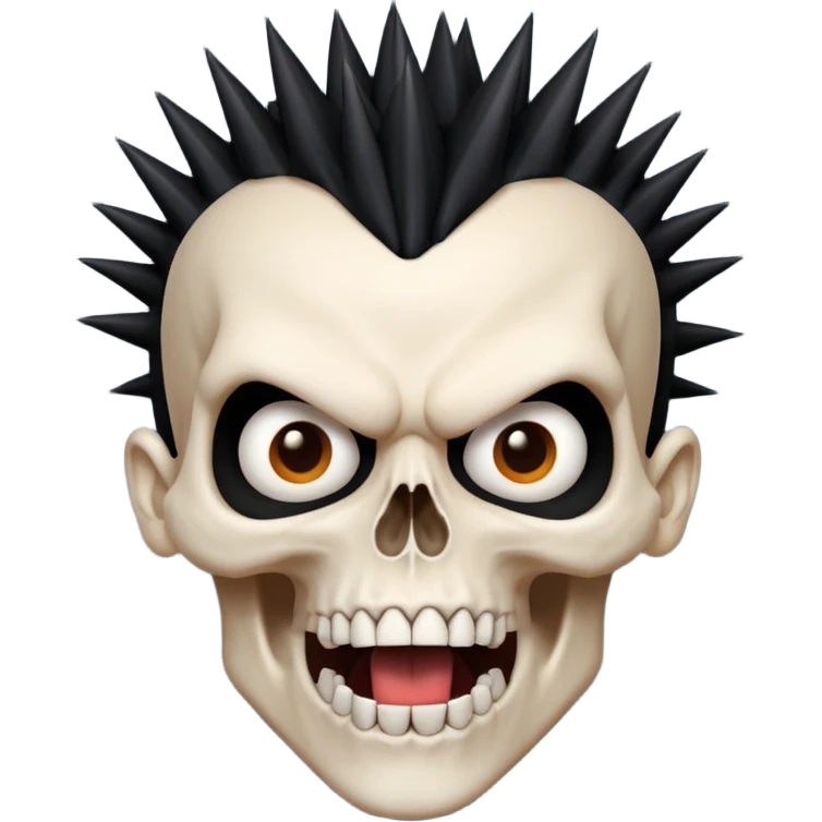 spikey black mohawk hair on a sharp looking skull mouth open emoji