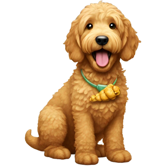 golden doodle with a dinosaur nugget in their mouth emoji