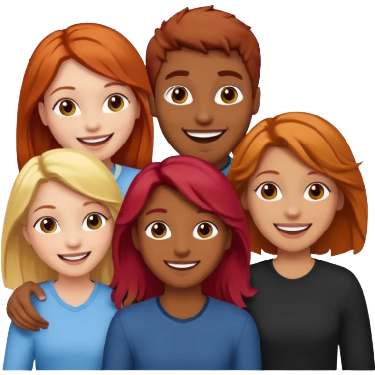 4 inclusive friends (3 girls and 1 man) laughing : 1 man must be brown, 1 girl have to have red hair, an other one must have blond hair and the last one is brown and have brown hair emoji