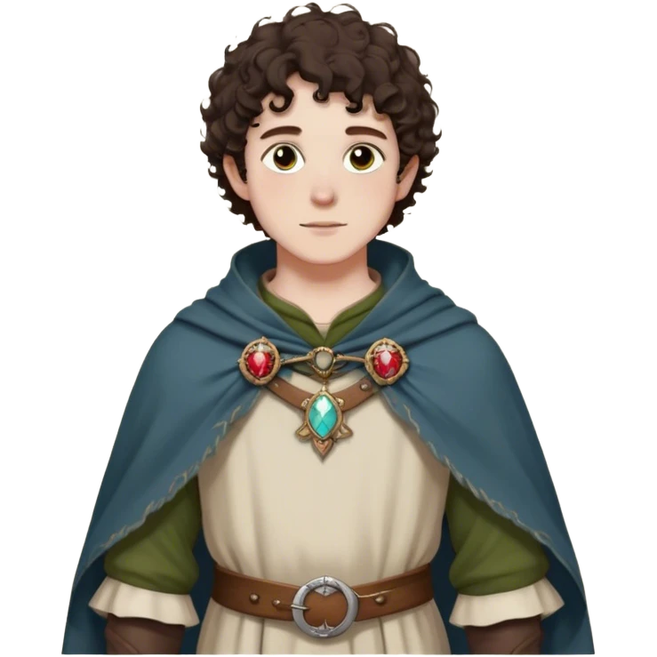 medieval spring outfit worn by a DnD themed fantasy male character. thin wool tunic with a light cloak draped over one shoulder, secured by a wooden brooch. clothes only above the waist. The clothes full waist. The character's haven't arms. character is white-skinned, dark brown hair, hazel eyes, short curly hair. emoji