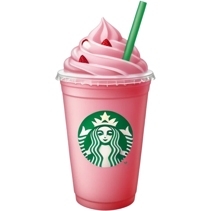 light pink iced drink with strawberry pieces in Starbucks cup, green straw emoji