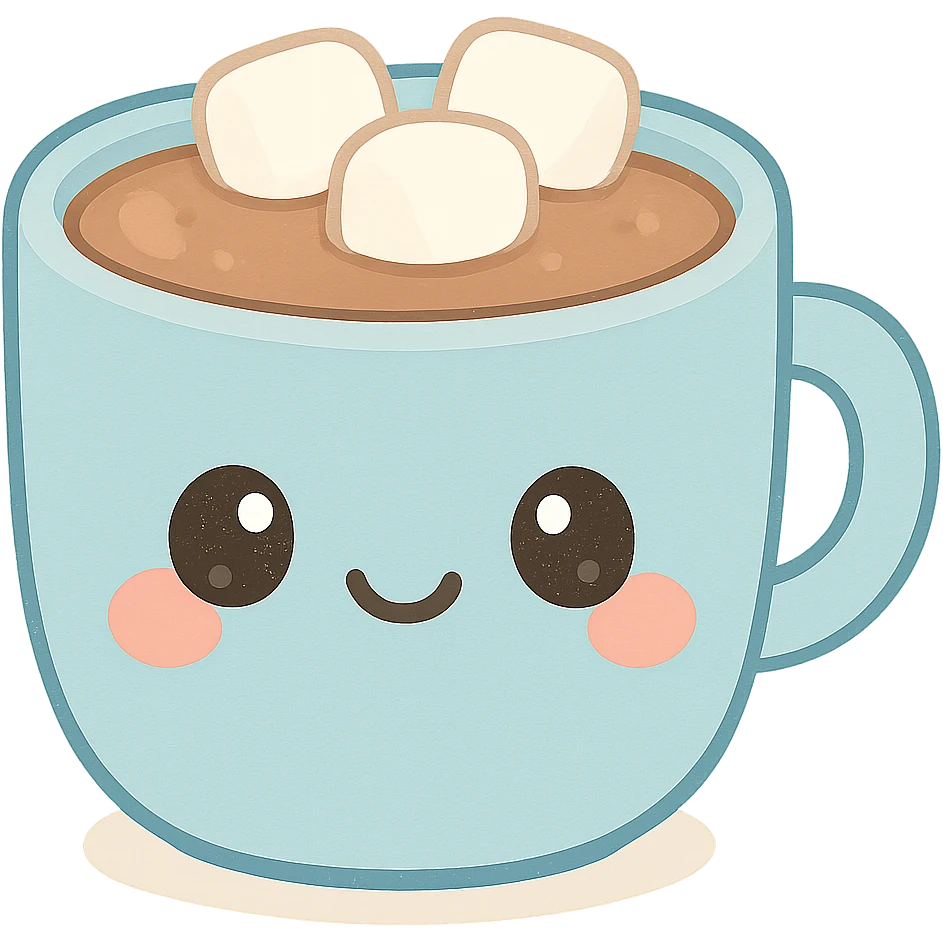 kawaii mocha in a blue mug, blushing cheeks, topped with marshmallows, cartoon style, happy expression emoji