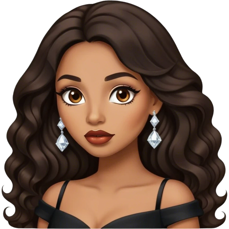 light brown skin tone, very beautiful woman, with big plump lips, long long lashes, black wavy long hair, brown eyes, black dress, diamond earrings emoji