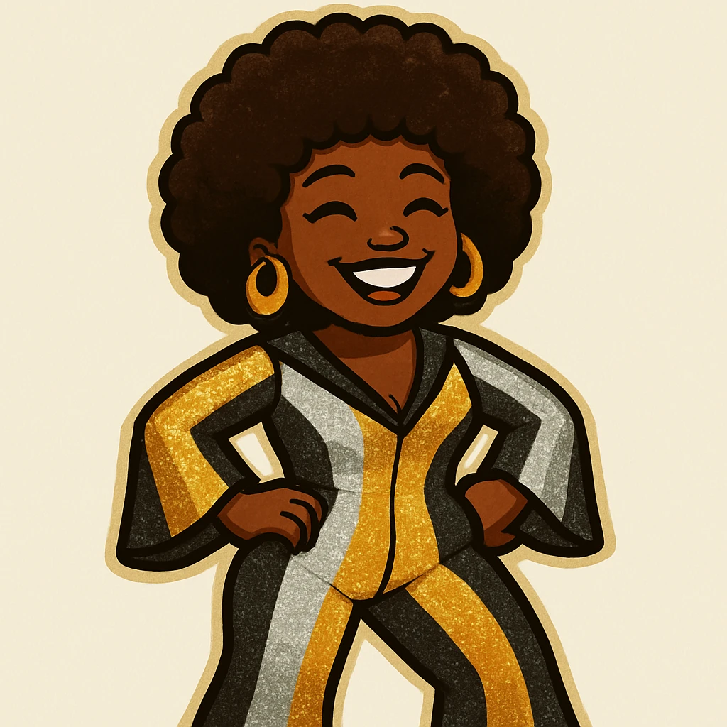 Create a 1970s disco emoji of a female African American with both hands on hips, big smile, afro hairstyle, and a 70s disco dress using only gold, silver, black, and white colors. The style is vibrant and pop colors icon style. emoji
