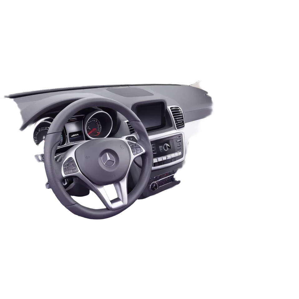 3D style image of the interior of a 2015 Mercedes Benz ML350, black leather seats, dashboard and steering wheel, luxury SUV details, front seats view emoji
