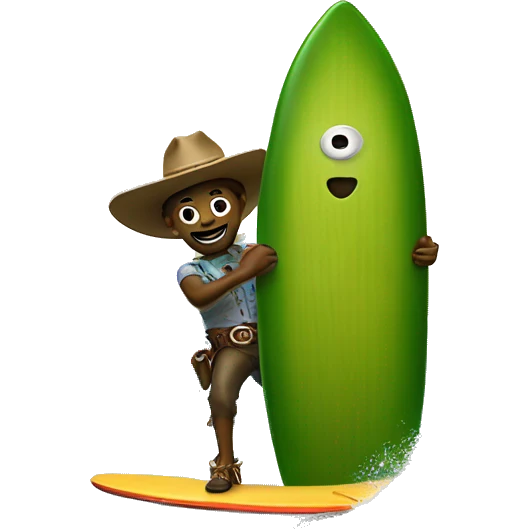 Pickles on a surfboard with a cowboy hat on riding waves emoji