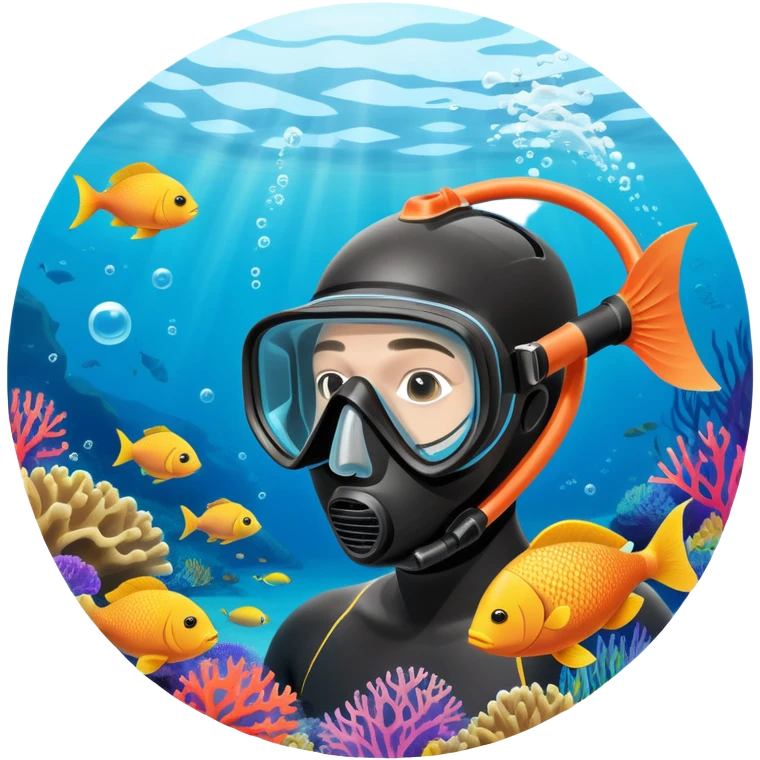 An icon featuring a close-up of a freediving mask and snorkel, with a breath-holding diver's fins, set against a vibrant underwater world. The design includes coral reefs, fish, and bubbles, symbolizing the serene beauty and thrill of freediving. Transparent background highlights the calm emoji