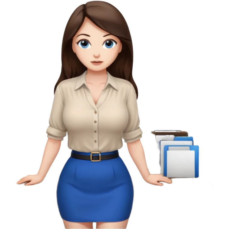 sexy woman brunette, very large breasts, pale skin, blue eyes, long brown hair, white blouse, short black skirt. office.  emoji