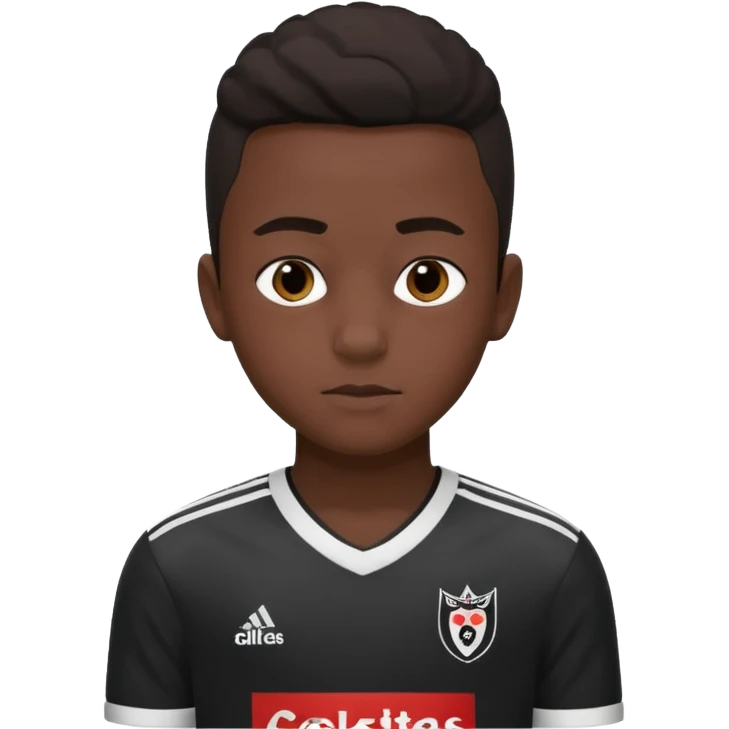 A dark-skinned boy, aged 15 and 16, is wearing a Besiktas jersey, black and white. emoji