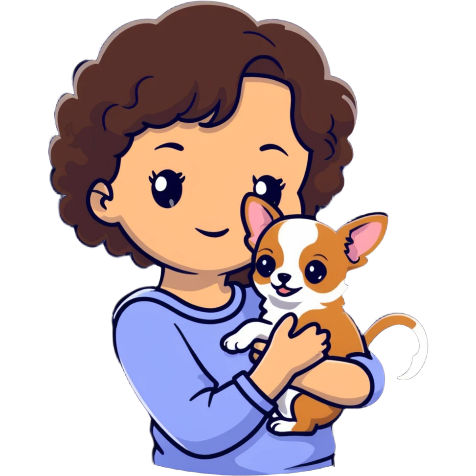 white girl with curly brown hair holding a chihuahua puppy emoji