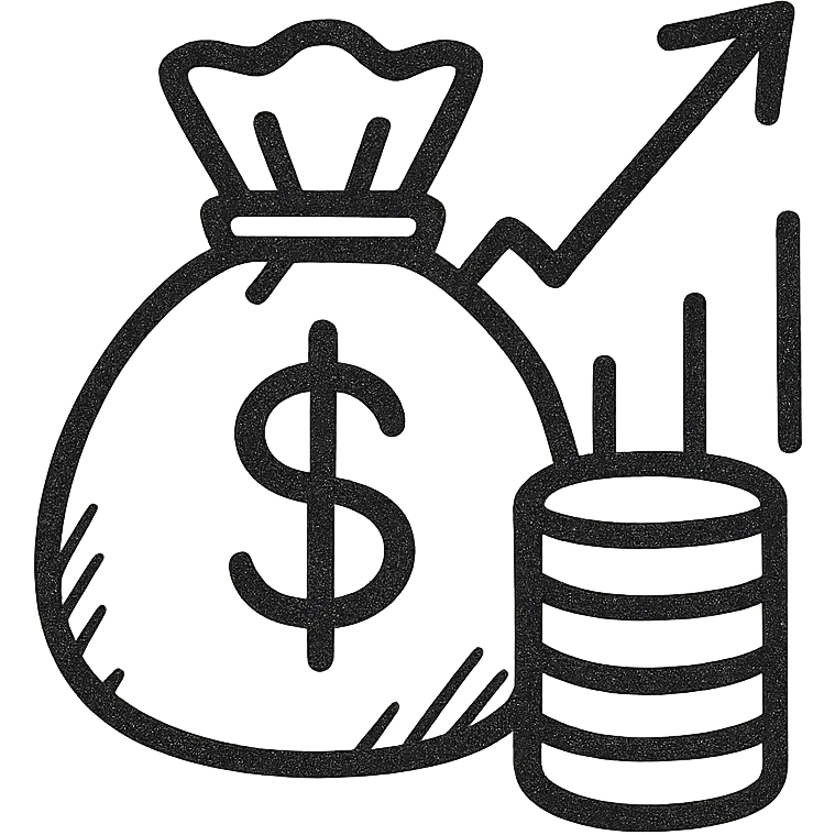 Google Material Design icon for 'Economy / Finance' depicting a growing money bag, clean graph, or stack of coins emoji
