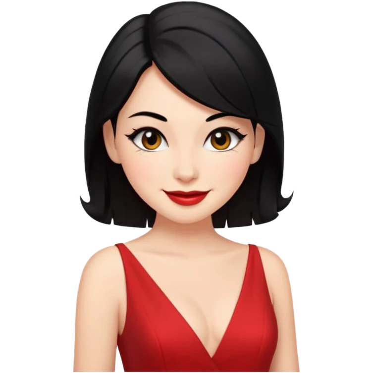 Chica con delineado con vestido rojo escotado en la espalda y pelo semi largo negro, con sonrisa coqueta guiñando el OJO  emoji