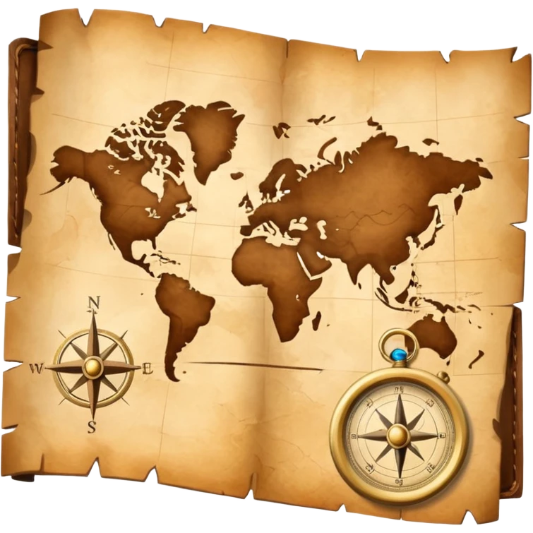 Brown golden map with Travel compass pointing to adventure emoji