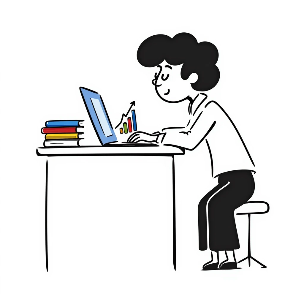 Academic research setup with an open laptop, stack of colorful books, and a rising data chart graph with upward trend. Hand-drawn doodle style with blue laptop screen, multicolored book spines, and a colorful bar chart. emoji