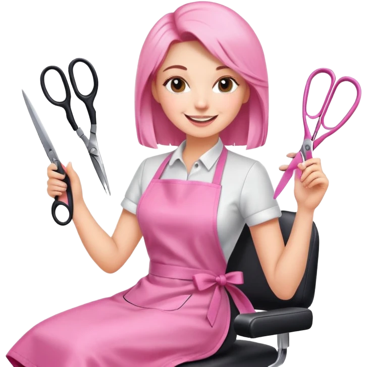 happy woman client in pink apron sitting in salon chair, female hairstylist smiling behind her with scissors emoji