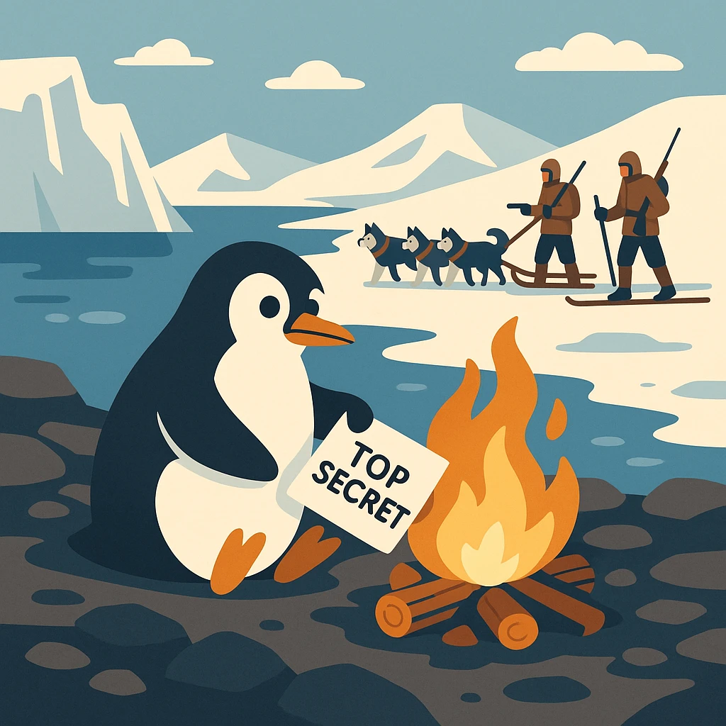flat toon style penguin on a rocky polar shore, burning secret materials in a campfire, glancing around; far background, two people with wolf sled, rifles, skis emoji