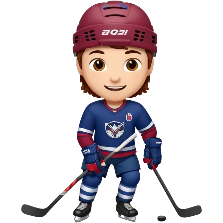 Cute cartoon hockey player sticker pack, wearing бордовый and темно синий uniform, for a children's team. emoji