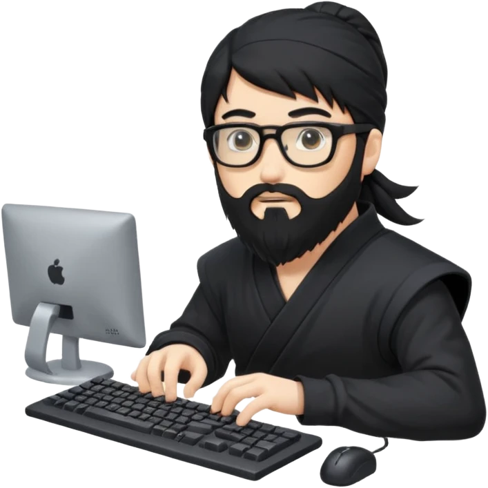 Man with black hair and beard wearing glasses in a ninja costume. Keep the top left version, make the beard longer and add a computer keyboard  emoji