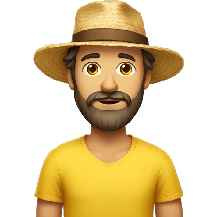 european man with a brown beard wearing a straw hat and a yellow t-shirt emoji
