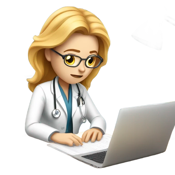 Exhausted, white, female doctor with strawberry blonde hair typing notes at her desk emoji