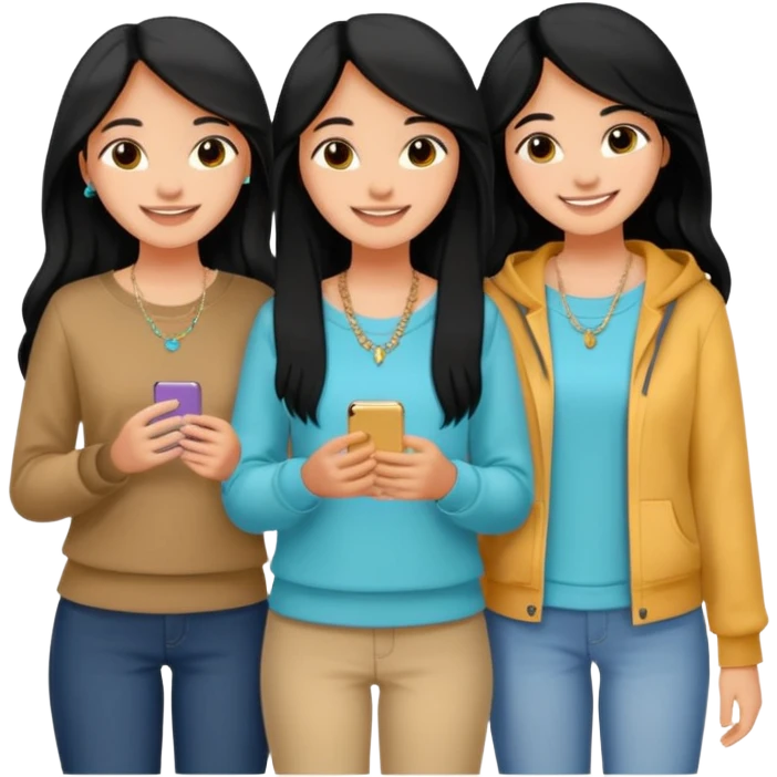 Just 3 best friends smiling big taking a selife, all have medium skin tone with black long hair. Wearing simple jewelry and casual modest clothes color coordinated outfit,  emoji