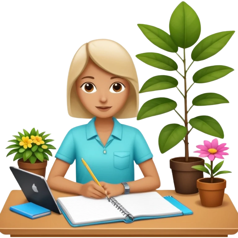 DE VACACIONES y detrás un escritorio moderno, con una notebook, una agenda y una planta con una flor emoji