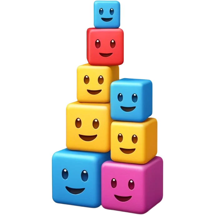 emoji-style cubes stacked on top of each other forming a playful tower, bright colors, simple and expressive faces on some cubes emoji