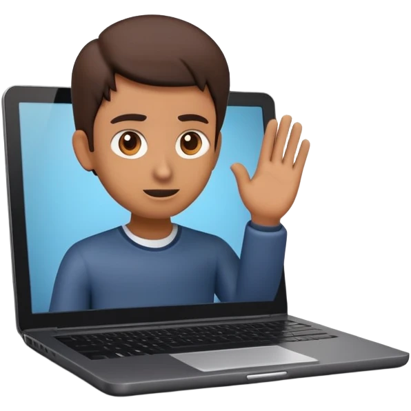 A dark-colored laptop with the screen open. From the screen, a person is emerging, giving a lecture or teaching. The person should look expressive and in a teaching pose. Soft shadows, semi-3D emoji style, clean background. emoji