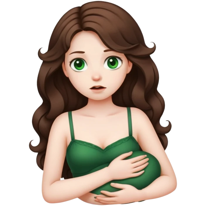 Girl with curled brown long length hair and very dark green eyes with belly ache emoji