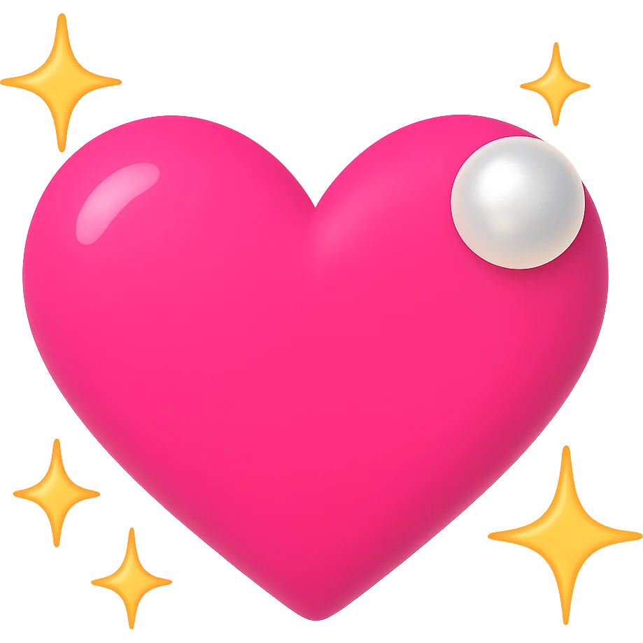 Create a pink heart with a pearl accent in an emoji style. Add sparkles around the heart. The image should have no background. The style should resemble emoji style with bright colors and simple shapes. emoji