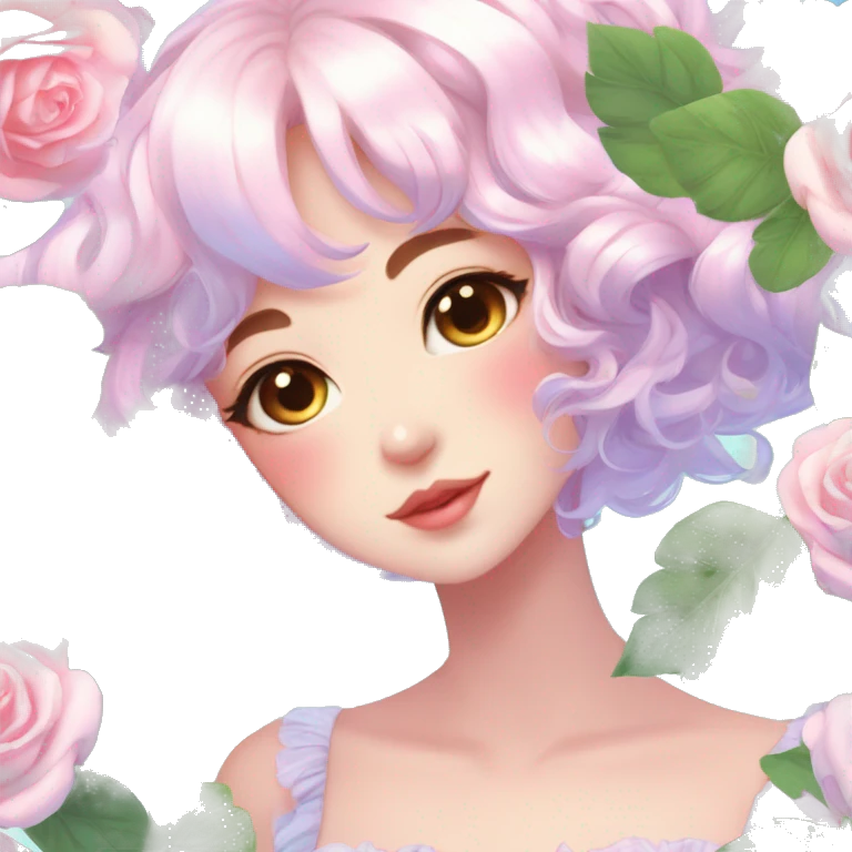 Gorgeous pastel shiny pearly colorful anime style lady with blushing face and roses leaves shiny cottagecore fairycore aesthetic trending style emoji