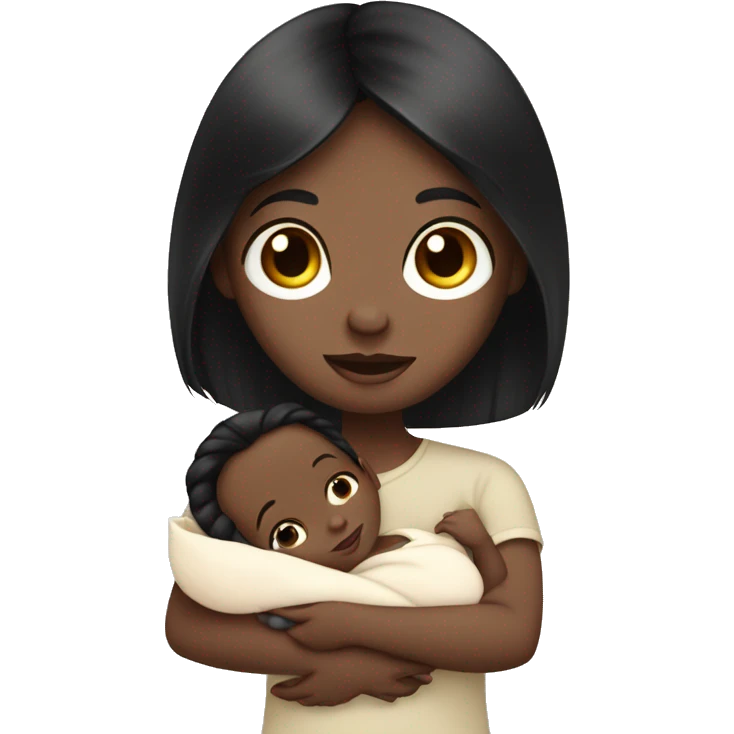 Pale girl with long black hair is holding a newborn baby emoji