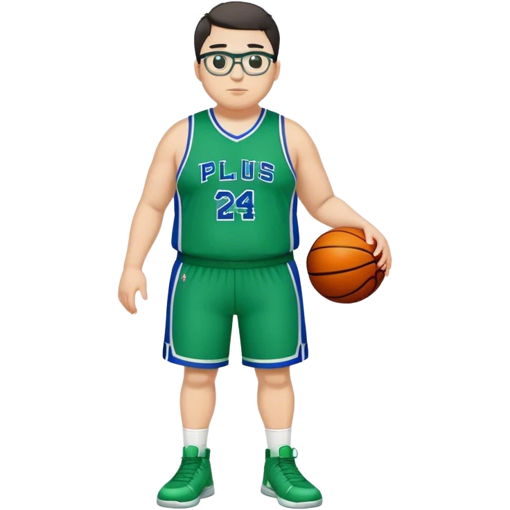 Full Body plus size white male with dark short hair basketball player wearing glasses wearing blue green uniform emoji