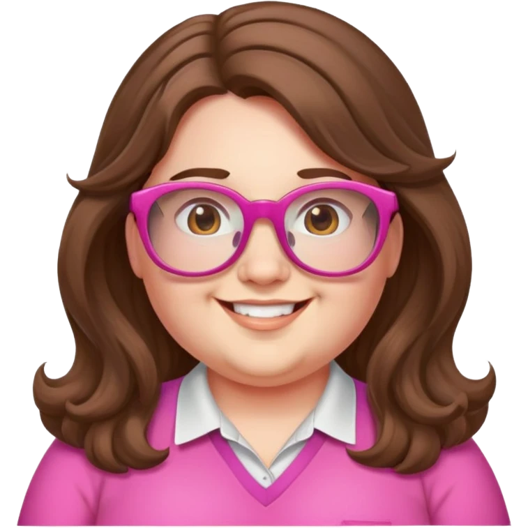 chubby English teacher face, long wavy brown hair, pink glasses, happy, gamer emoji