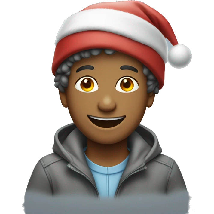 smiling boy in grey jacket Christmas hat emoji