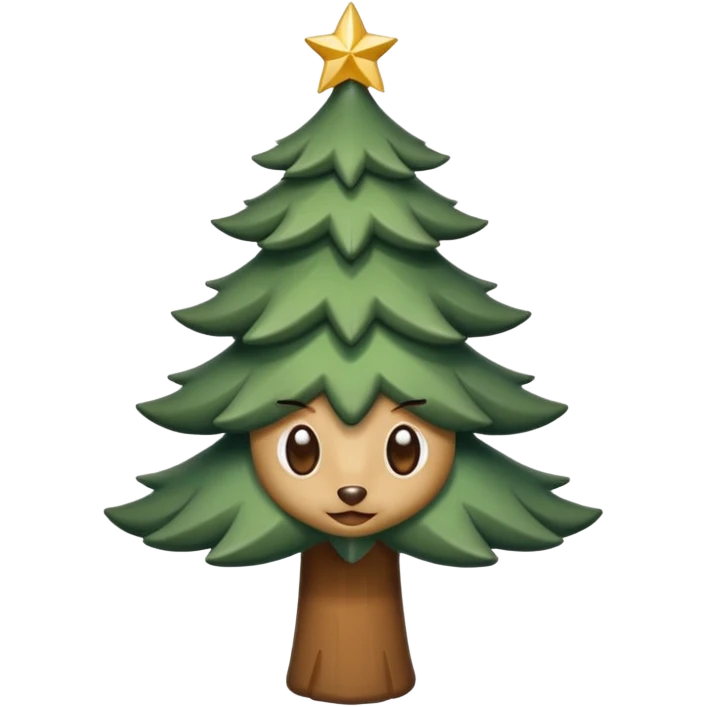 Un emoji représentant un petit sapin stylisé, sans bouche, avec deux grands yeux de biche brillants couleur cannelle. Style minimaliste, mignon et expressif, comme un sticker ou un emoji moderne. Fond parfaitement transparent, haute qualité, bien centré. emoji