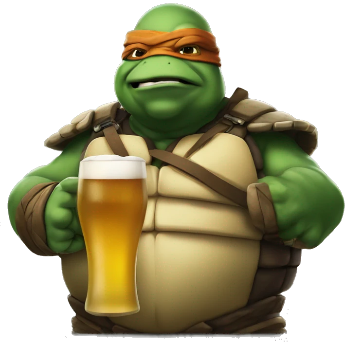 Michelangelo the fat ninja turtle drinking beer with grumpy face emoji